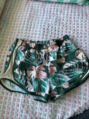 Nike Pink and Dark Green Tropical Print Athletic Shorts